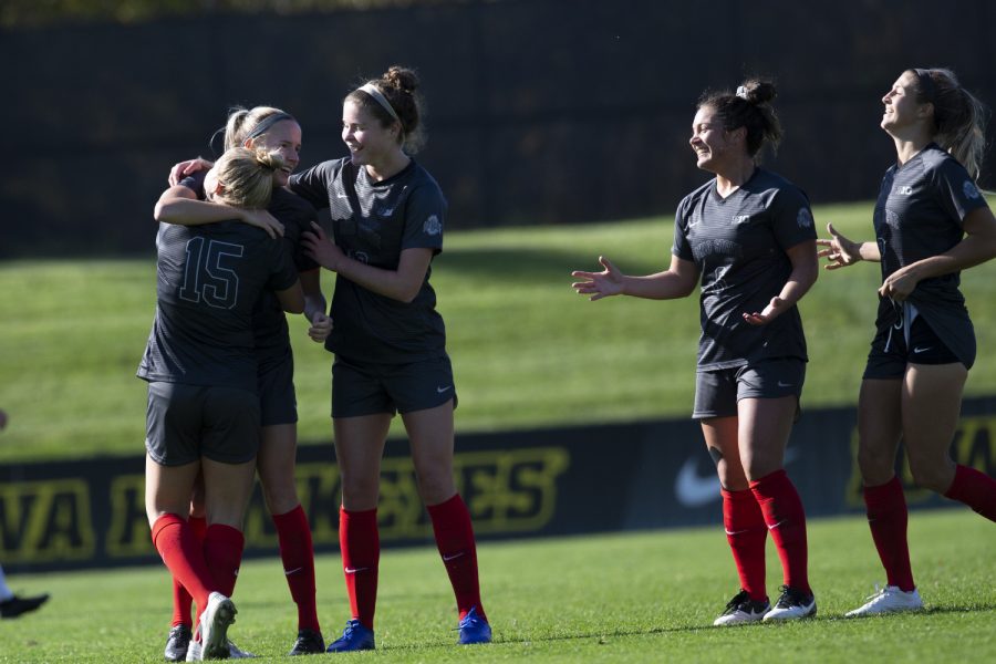 Ohio State players celebrate after Ohio State defender Marike Mousset scored the teams first and only goal during a soccer game between Iowa and Ohio State at the Iowa Soccer Complex on Sunday Oct. 27, 2019. The Hawkeyes defeated the Badgers 2-1. 