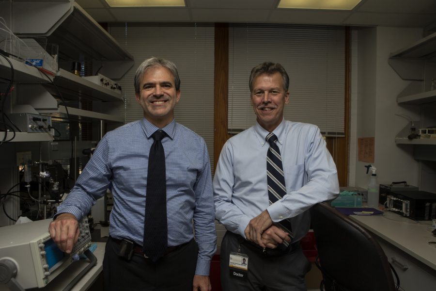 Brian Gehlbach (left) and George Richerson (right) pose for a portrait in the Medical Laboratories on Monday, Oct. 7, 2019. Gehlbach and Richarson have received a three million dollar research grant to continue their research into epilepsy. 
