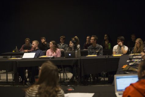 Sentators listen to a presentation during a UISG meeting on Tuesday, Oct. 15, 2019. Senators heard from guest speakers and considered legislation. 