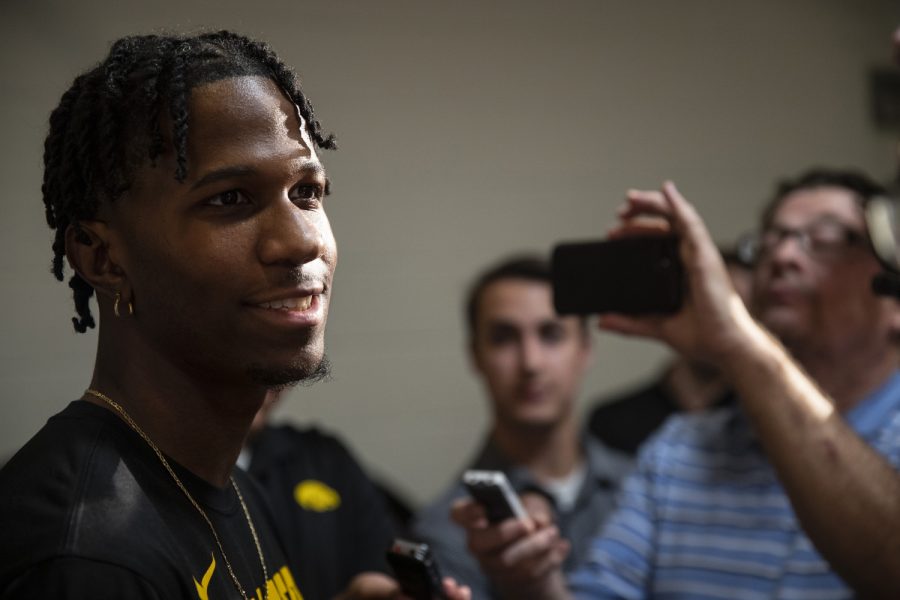 Bakari+Evelyn+speaks+with+members+of+the+press+during+an+Iowa+men%E2%80%99s+basketball+media+availability+at+Carver-Hawkeye+Arena+on+July+24%2C+2019.