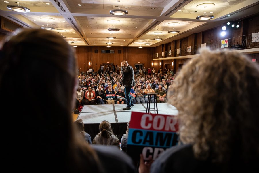 Senator Cory Booker, D-NJ, speaks to an audience during a forum at the Iowa Memorial Union on Monday, October 7, 2019. 