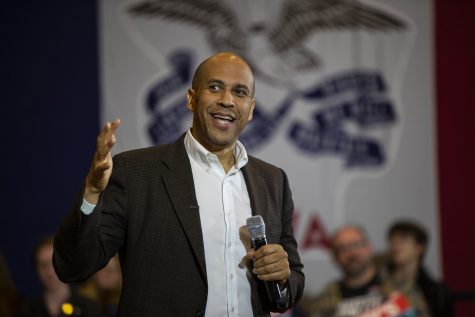 Sen.Cory Booker, D-N.J., speaks to an audience during a forum at the Iowa Memorial Union on Monday, Oct. 7, 2019. 