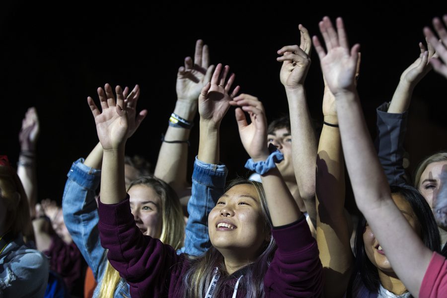 The audiences obliges after The Greeting Company’s lead singer Addison Sartino asks everyone to wave their hands in the air during the opening act of the Bad Suns concert. The free concert was hosted by Scope Productions and was headlined by the band Bad Suns on October 18, 2019. 
