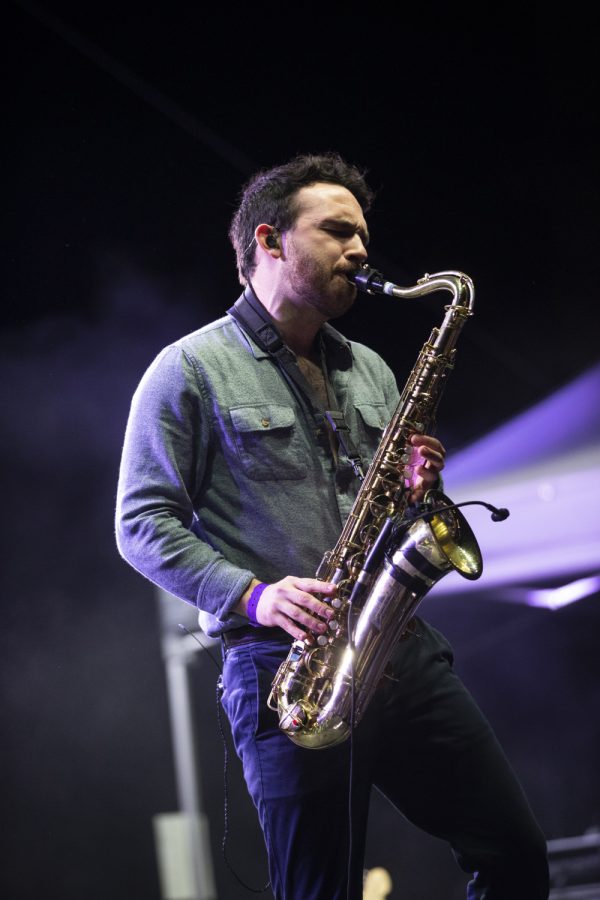 The Greeting Committee member Pierce Turcotte gives his all during a saxophone solo as the band opens for Bad Suns. The free concert was hosted by Scope Productions and was headlined by the band Bad Suns on October 18, 2019. 