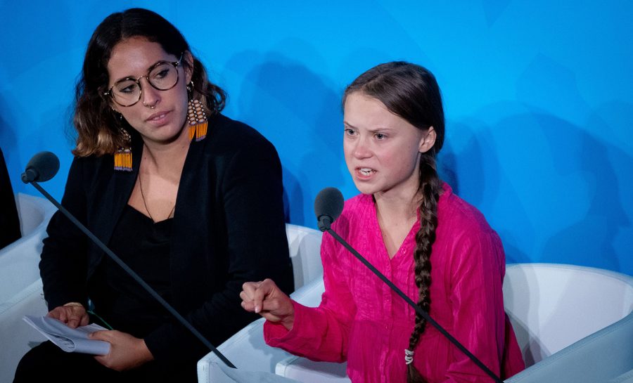 Climate activist Greta Thunberg, right, speaks at the United Nations Climate Change Conference on Sept. 23, 2019 in New York City. (Kay Nietfeld/DPA/Zuma Press/TNS)