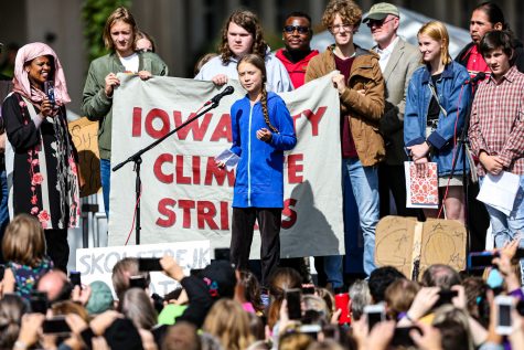 Swedish climate activist Greta Thunberg speaks at the Iowa City Climate Strike in downtown Iowa City on Friday, Oct. 4, 2019. 