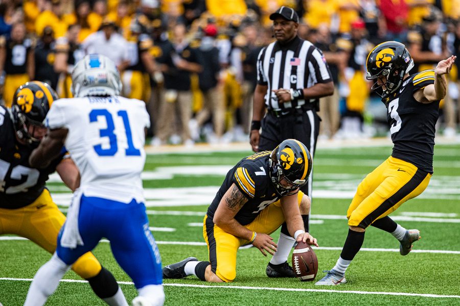 Iowa kicker Keith Duncan attempts an extra point during a football game between Iowa and Middle Tennessee State at Kinnick Stadium on Saturday, September 28, 2019. The Hawkeyes defeated the Blue Raiders, 48-3. (Shivansh Ahuja/The Daily Iowan)