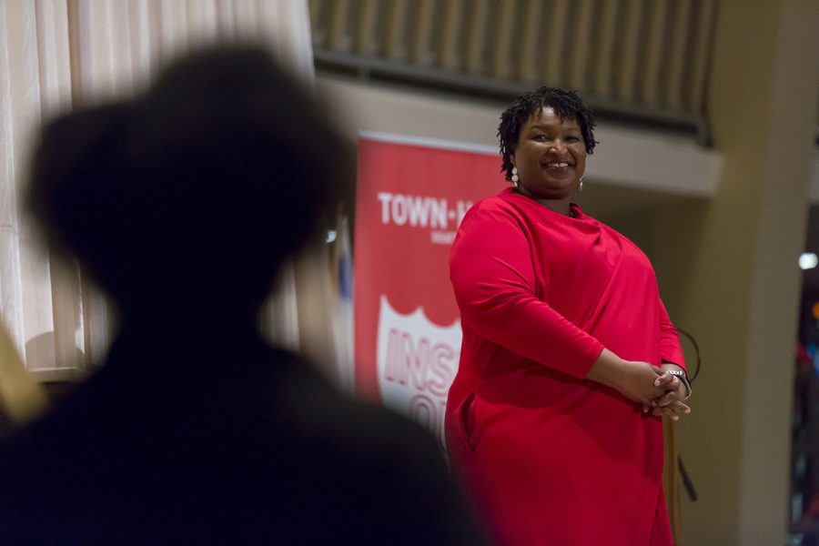 Stacey Abrams takes a question from a supporter at Temple De Hirsch Sinai on April 25, 2019. (Paul Christian Gordon/Zuma Press/TNS)