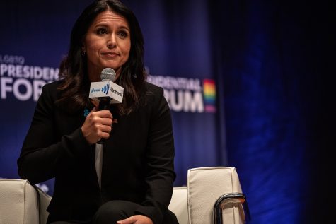 Representative Tulsi Gabbard, D-HI, pauses during the L.G.B.T.Q. Presidential Forum at the Sinclair Auditorium in Cedar Rapids on Friday, September 20, 2019. Each candidate that participated was gave a three minute introduction, and answered questions for a total of ten minutes.