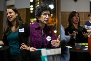 City Council candidates Laura Bergus (left), Janice Weiner (center) and Megan Alter speak with potential supports at the UISG City Council Forum on Wednesday, Oct. 16, 2019. Bergus, Weiner, and Alter are running for two at-large City Council seats.