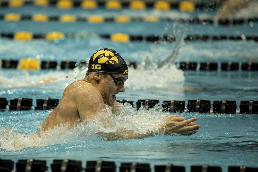 Iowa’s Dani Swanepoel competes in the Men’s 100 Breastroke during the swim meet between Iowa and Minnesota at the CRWC on October 26, 2019. Swanepoel finished third with a time of 55.86.