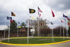 Flags wave during the Hawkeye Invitational at Finkbine Golf Course on April 15, 2017. University Heights and Iowa City are looking to rezone land around Finkbine to develop a university-owned apartment complex off of Melrose Avenue. 