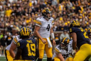 Iowa quarterback Nate Stanley yells out before a play during a football game between Iowa and Michigan in Ann Arbor on Saturday, October 5, 2019. The Wolverines defeated the Hawkeyes 10-3. 
