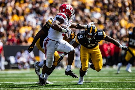 Iowa defensive back Geno Stone goes for a tackle during a football game between Iowa and Rutgers at Kinnick Stadium on Saturday, September 7, 2019. The Hawkeyes defeated the Scarlet Knights, 30-0. 