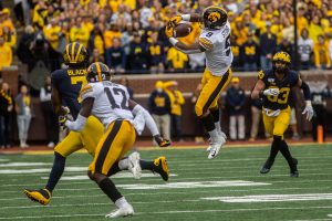 Iowa defensive back Geno Stone attempts to intercept a pass during a football game between Iowa and Michigan in Ann Arbor on Saturday, October 5, 2019. The Wolverines defeated the Hawkeyes 10-3. 