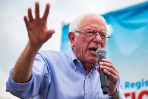 Sen. Bernie Sanders, I-VT, speaks at the Des Moines Register Political Soapbox during the Iowa State Fair in Des Moines, IA on Sunday, August 11, 2019. 