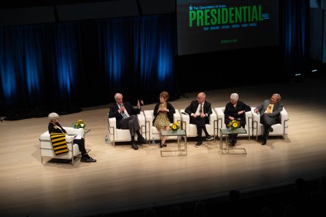 Former UI President Hunter Rawlings (1988-2015) speaks during a panel discussion by four former University of Iowa Presidents and current UI President Bruce Harreld on Friday, Oct. 18, 2019 in the Voxman concert hall. The event coincided with the unveiling of portraits of former UI Presidents Mary Sue Coleman, David Skorton, and Sally Mason, which will be on display on the fifth floor of the UI Main Library. 