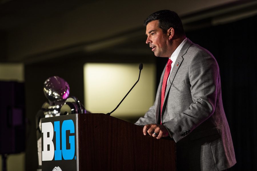 Ohio State head coach, Ryan Day, addresses the media during the Big Ten Football Media Day in Chicago, Ill., on Thursday, July 18, 2019.