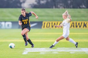 Iowa defender Hannah Drkulec navigates the field during a womens soccer match between Iowa and Western Michigan on Thursday, August 22, 2019. The Hawkeyes defeated the Broncos, 2-0. 