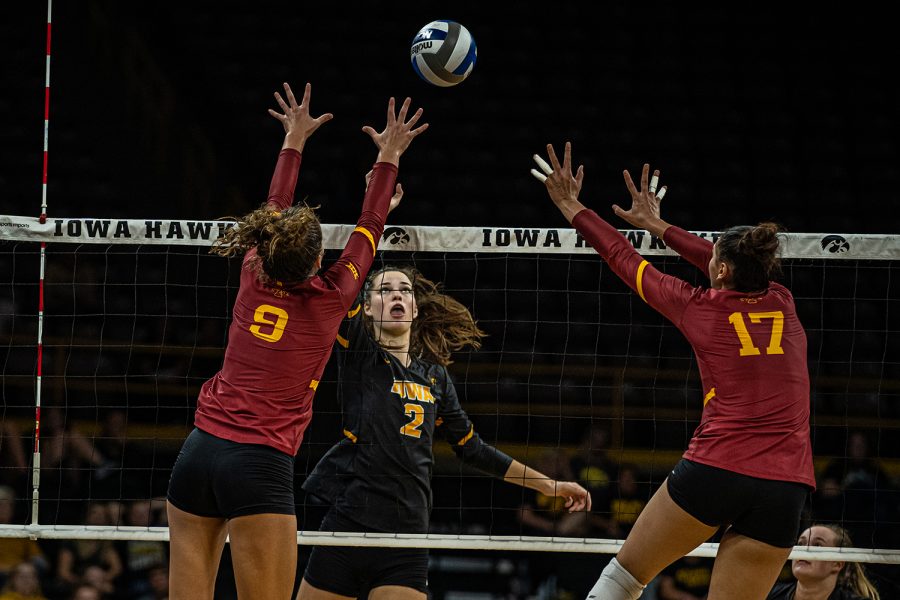 Iowa+setter+Courtney+Buzzerio+goes+for+a+kill+during+a+volleyball+match+between+Iowa+and+Iowa+State+at+Carver-Hawkeye+Arena+on+Saturday%2C+September+21%2C+2019.+The+Hawkeyes+fell+to+the+visiting+Cyclones%2C+3-2.+