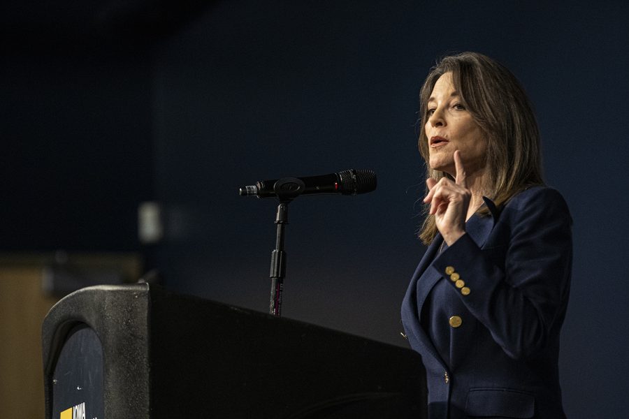 Democratic presidential candidate Marianne Williamson speaks with The Daily Iowan in the IMU on Tuesday, Oct. 22, 2019.