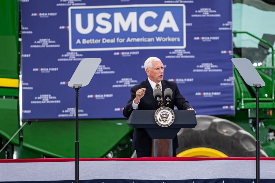 Vice President Mike Pence speaks during a during a farm visit hosted by America First Policies in Waukee on Wednesday, October 9, 2019. 