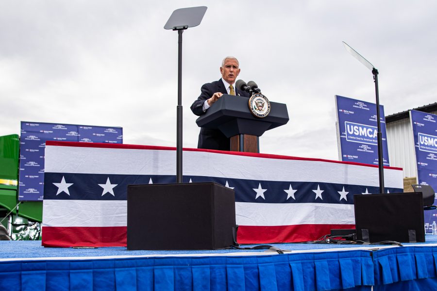 Vice President Mike Pence speaks during a during a farm visit hosted by America First Policies in Waukee on Wednesday, October 9, 2019. 