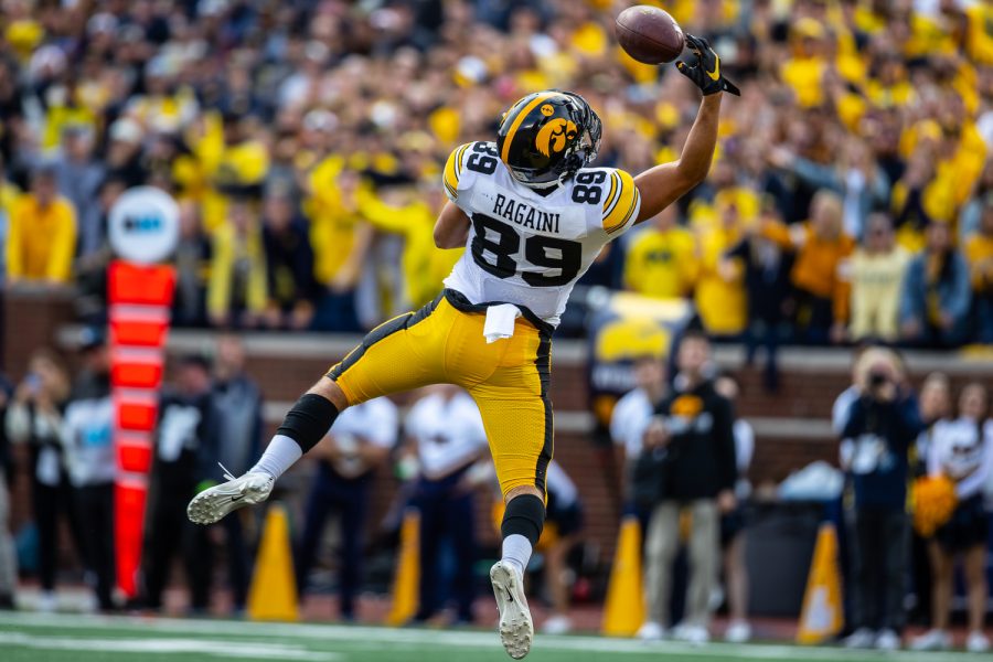 Iowa+wide+receiver+Nico+Ragaini+goes+up+for+a+catch+during+a+football+game+between+Iowa+and+Michigan+at+the+Michigan+Stadium+in+Ann+Arbor%2C+Michigan+on+Saturday%2C+October+5%2C+2019.+The+Wolverines+defeated+the+Hawkeyes+10-3.