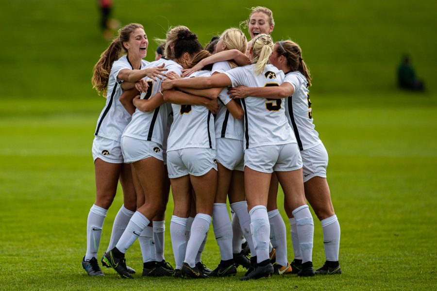 Iowa+players+celebrate+a+goal+during+a+womens+soccer+match+between+Iowa+and+Maryland+at+the+Iowa+Soccer+Complex+on+Sunday%2C+October+13%2C+2019.+The+Hawkeyes+shut+out+the+Terrapins%2C+4-0.