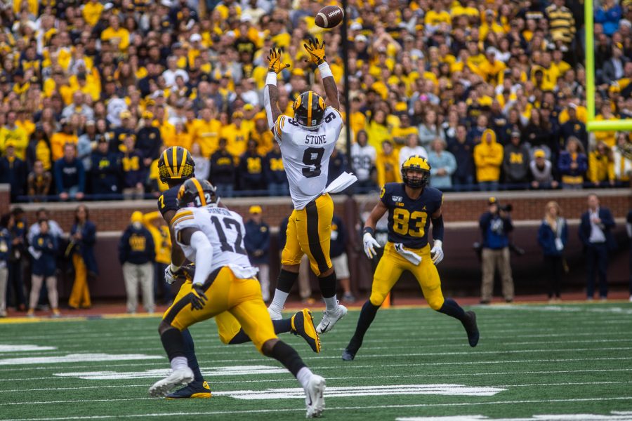 Iowa defensive back Geno Stone goes up for an interception during a football game between Iowa and Michigan at the Michigan Stadium in Ann Arbor, Michigan on Saturday, October 5, 2019. The Wolverines defeated the Hawkeyes 10-3.