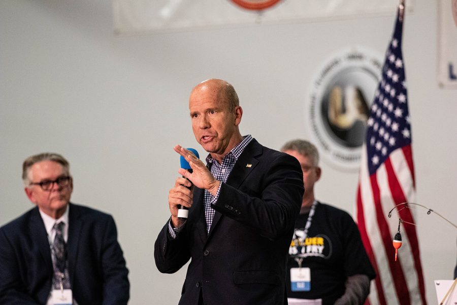 Former U.S Rep John Delaney speaks during the first annual Finkenauer fish fry at Hawkeye Downs on Saturday, November 2, 2019.  U.S. Rep. Abby Finkenauer hosted eight presidential candidates for a fish fry focused on jobs and infrastructure. 