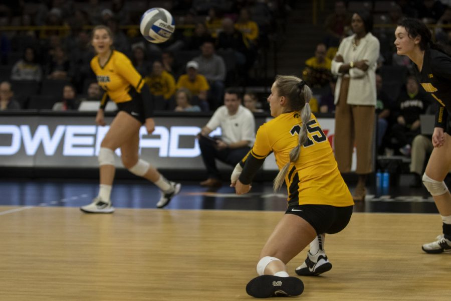 Iowa defensive specialist Maddie Slagle bumps the ball during a volleyball game between Iowa and Rutgers at the Carver Hawkeye Arena on Nov. 2, 2019. The Hawkeyes fell to the Scarlet Knights, 0-3.