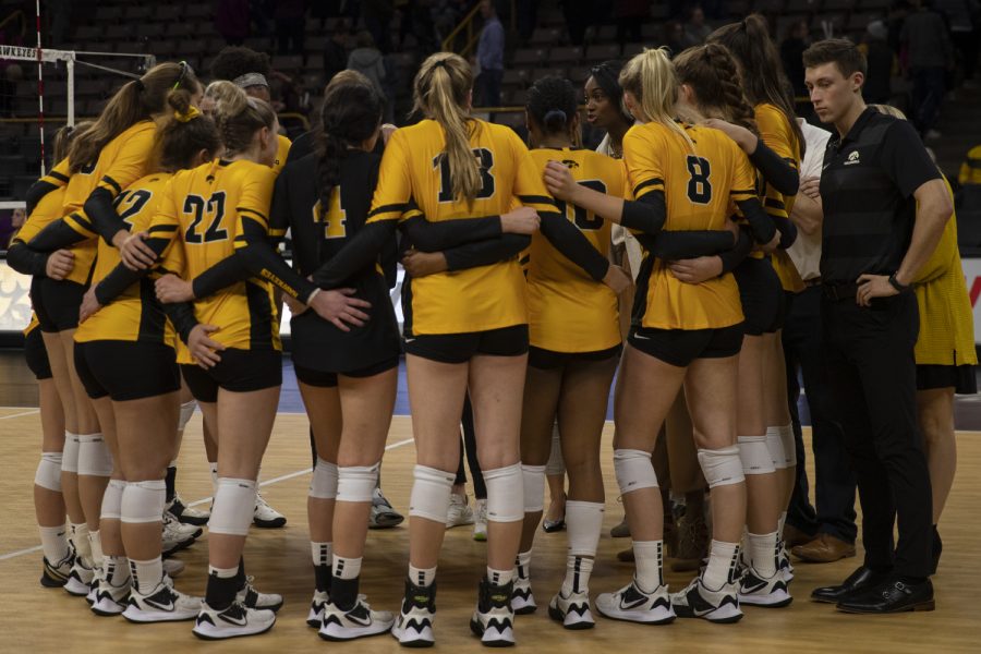 Iowa+players+huddle+together+after+the+volleyball+game+between+Iowa+and+Rutgers+at+the+Carver+Hawkeye+Arena+on+Nov.+2%2C+2019.+The+Hawkeyes+fell+to+the+Scarlet+Knights%2C+0-3.