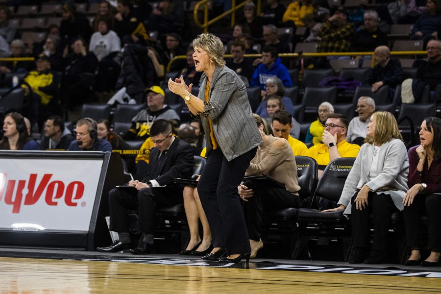 Iowa head coach Lisa Bluder yells out a play during the women's basketball game against Florida Atlantic on Thursday, November 7, 2019. The Hawkeyes defeated the Owls 85-53. Bluder is celebrating 20 years as a coach for the Hawkeyes.