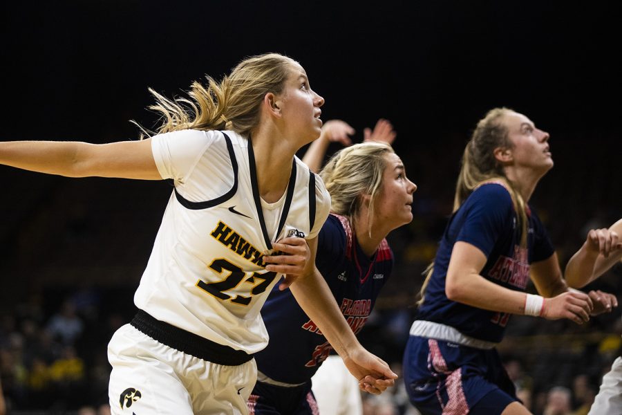 Iowa+forward+Logan+Cook+runs+for+a+rebound+during+the+womens+basketball+game+against+Florida+Atlantic+on+Thursday%2C+November+7%2C+2019.+The+Hawkeyes+defeated+the+Owls+85-53.+Cook+played+seven+minutes+in+the+game.