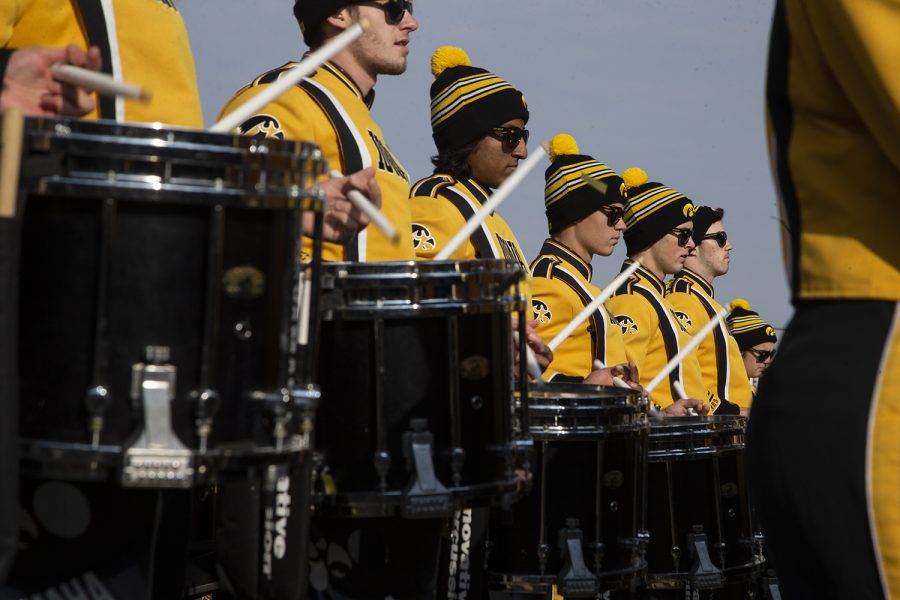 Snare drummers in the Iowa drumline perform outside Kinnick Stadium before the Iowa football game against No. 7-ranked Minnesota on Saturday, Nov. 16, 2019. 