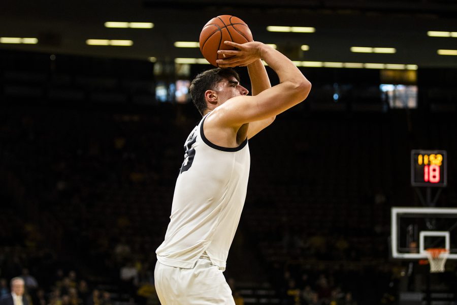 Iowa center Luka Garza shoots the ball during the mens basketball game against Cal Poly at Carver-Hawkeye Arena on Sunday, November 24, 2019. The Hawkeyes defeated the Mustangs 85-59.