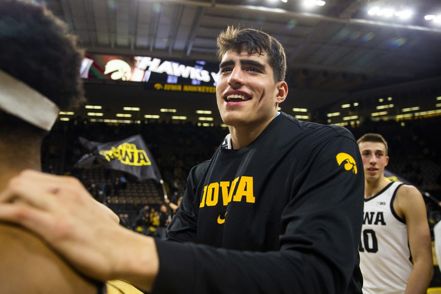 Iowa center Luka Garza celebrates the win after the   mens basketball game against Cal Poly at Carver-Hawkeye Arena on Sunday, November 24, 2019. The Hawkeyes defeated the Mustangs 85-59.