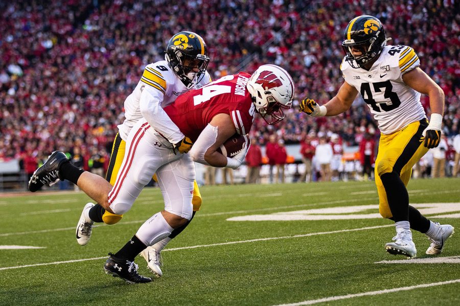 Iowa+defensive+back+Geno+Stone+makes+a+tackle+during+a+game+against+Wisconsin+at+Camp+Randall+Stadium+on+Saturday%2C+November+9%2C+2019.+The+Hawkeyes+were+defeated+by+the+Badgers+24-22.++The+Hawkeye+defense+had+a+total+of+67+tackles.