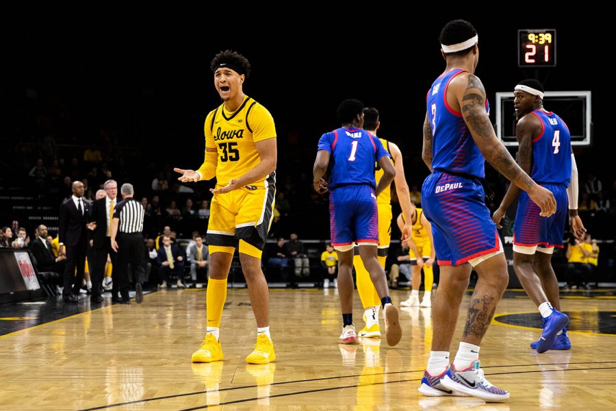 Iowa forward Cordell Pemsl reacts to a foul call during a game against Depaul at Carver Hawkeye Arena on Monday, November 11, 2019. The Hawkeyes were defeated by the Blue Demons 93-78. (Megan Nagorzanski/The Daily Iowan)