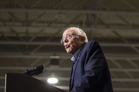 Sen. Bernie Sanders, I-Vt, addresses supporters at his rally at the Coralville Marriott Hotel and Conference Center on Saturday, Nov. 9, 2019. Sen. Sanders and Rep. Osasio-Cortez spoke on climate change and women’s rights.