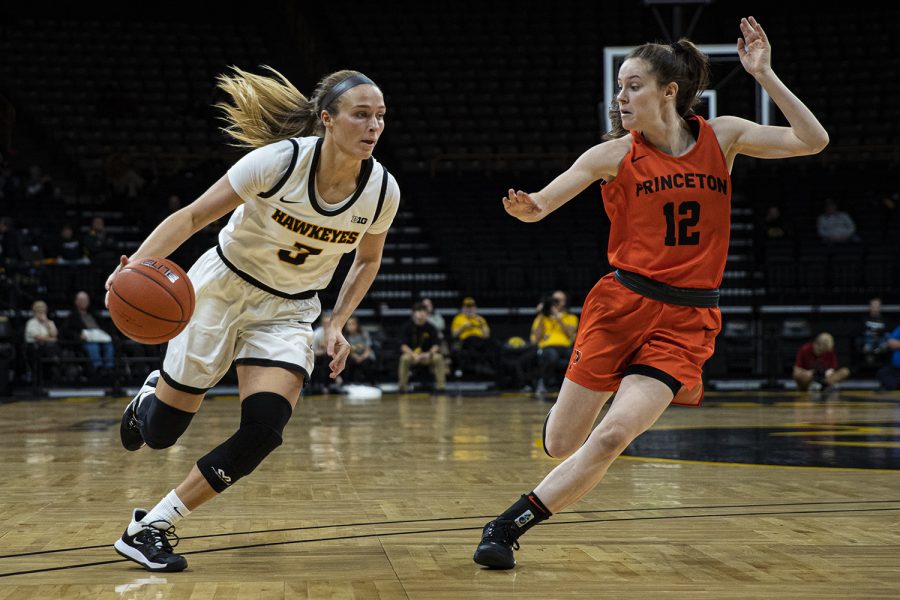 Iowa guard Makenzie Meyer drives to the rim during a womens basketball game between Iowa and Princeton at Carver-Hawkeye Arena on Wednesday, November 20, 2019. The Hawkeyes defeated the Tigers, 77-75, in overtime.