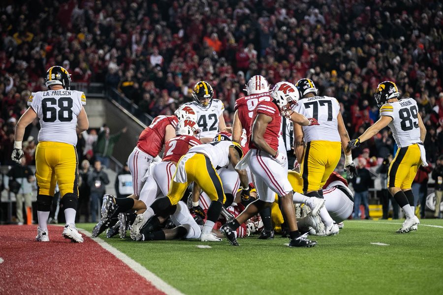The badger defense stops a two-point conversion during a game against Wisconsin at Camp Randall Stadium on Saturday, November 9, 2019. The Hawkeyes were defeated by the Badgers 24-22.  (Megan Nagorzanski/The Daily Iowan)