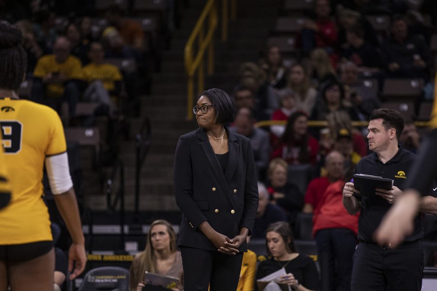 Iowa Volleyball Head Coach Vicki Brown waits for the third set of the match between the University of Iowa and Ohio State University at Carver Hawkeye Arena on Friday, November 29, 2019. The Buckeyes defeated the Hawkeyes 3-1.