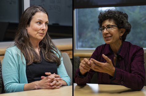 Left: Laura Bergus speaks with The Daily Iowan in October 2019. Right: Janice Weiner speaks with The Daily Iowan in October 2019.