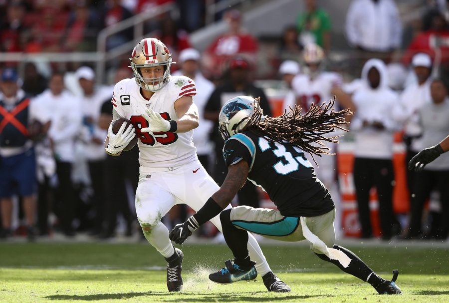 Tre Boston of the Carolina Panthers tackles George Kittle of the San Francisco 49ers on Oct. 27 at Levis Stadium in Santa Clara, California. (Ezra Shaw/Getty Images/TNS)