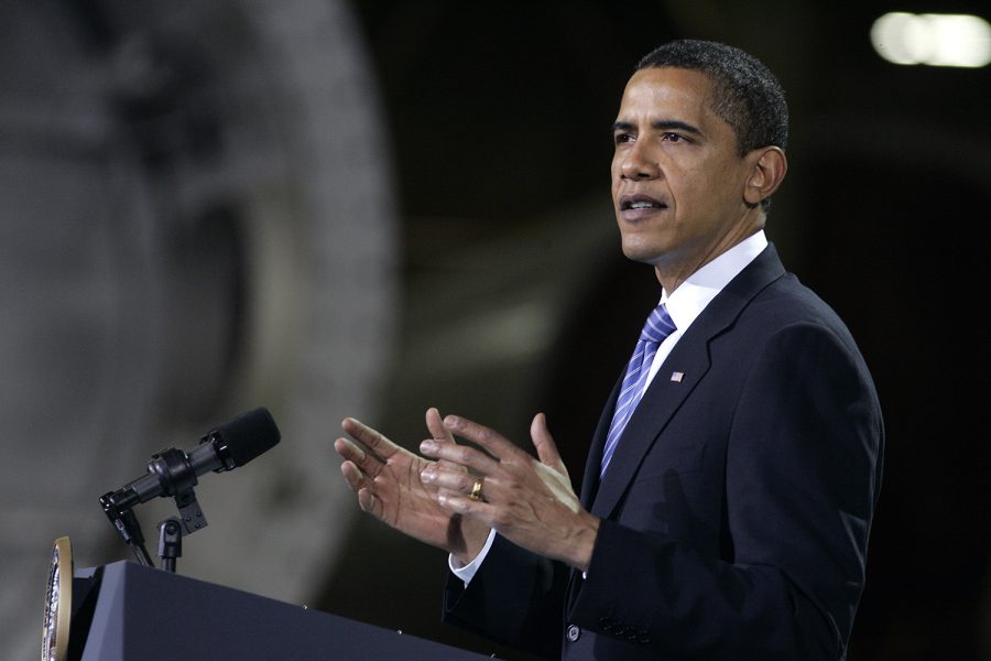 Amy Andrews/The Daily Iowan
President Barack Obama discusses energy plans during his visit to Newton, Iowa at the Trinity Structural Towers on April 22, 2009.  The warehouse was once occupied by Maytag before it closed in 2006 and then was bought by Whirlpool