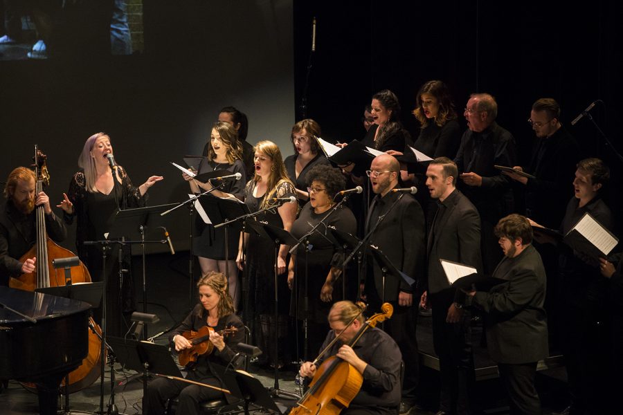 Choir members perform as part of Rachel Grimes’ “The Way Forth,” a folk opera and film that examines women perspectives from different generations. Rachel Grimes performed her show “The Way Forth” at the Englert Theater on November 1, 2019 as part of the Witching Hour Festival. 