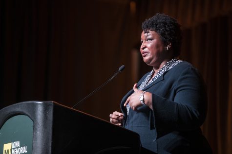 Fair Fight Founder Stacey Abrams addresses the crowd at the IMU on Monday, Nov. 4, 2019. Abrams spoke on the 100th commencement of the 19th amendment. (Katie Goodale/The Daily Iowan)