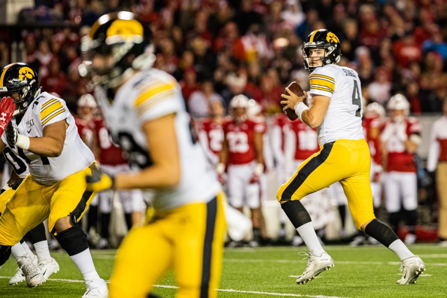 Iowa quarterback Nate Stanley drops back to pass during a football game between Iowa and Wisconsin at Camp Randall Stadium in Madison on Saturday, November 9, 2019. The Badgers defeated the Hawkeyes, 24-22.